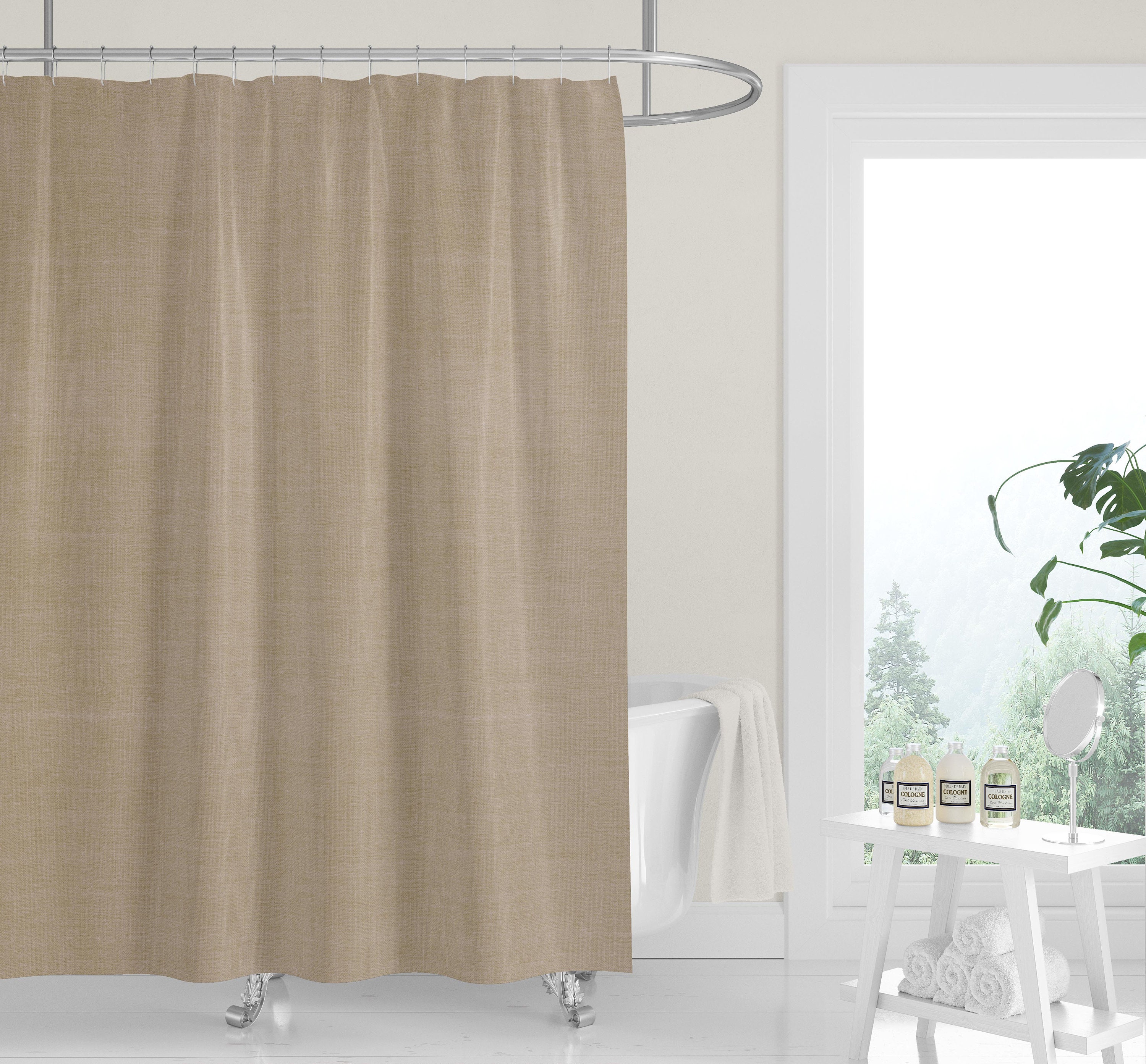 Tan Linen Look Print Desert Mountains Shower Curtain with Neutral Modern Minimalist Design, Perfect for Trendy Bathrooms - Image 3