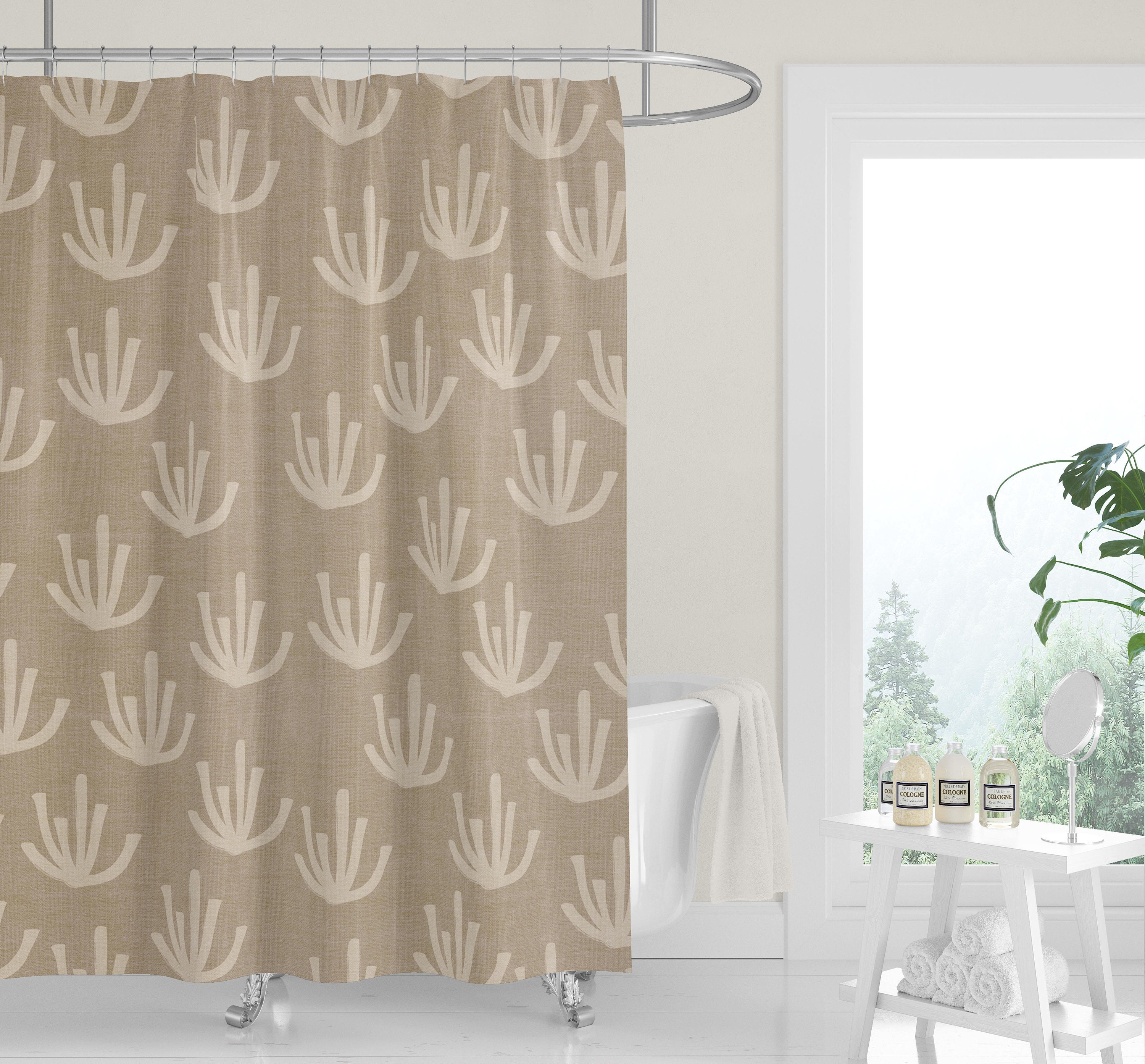 Tan Linen Look Print Desert Mountains Shower Curtain with Neutral Modern Minimalist Design, Perfect for Trendy Bathrooms - Image 4