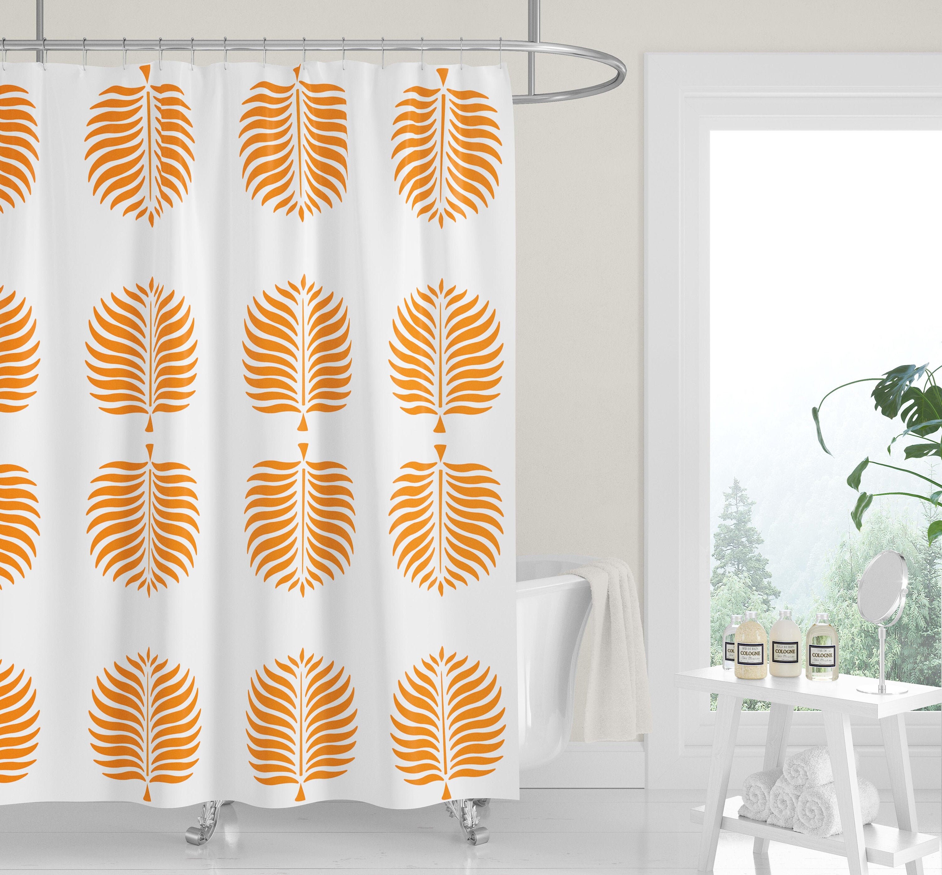 Tangerine Orange Palm Fronds Shower Curtain | Modern Neutral Minimalist Style