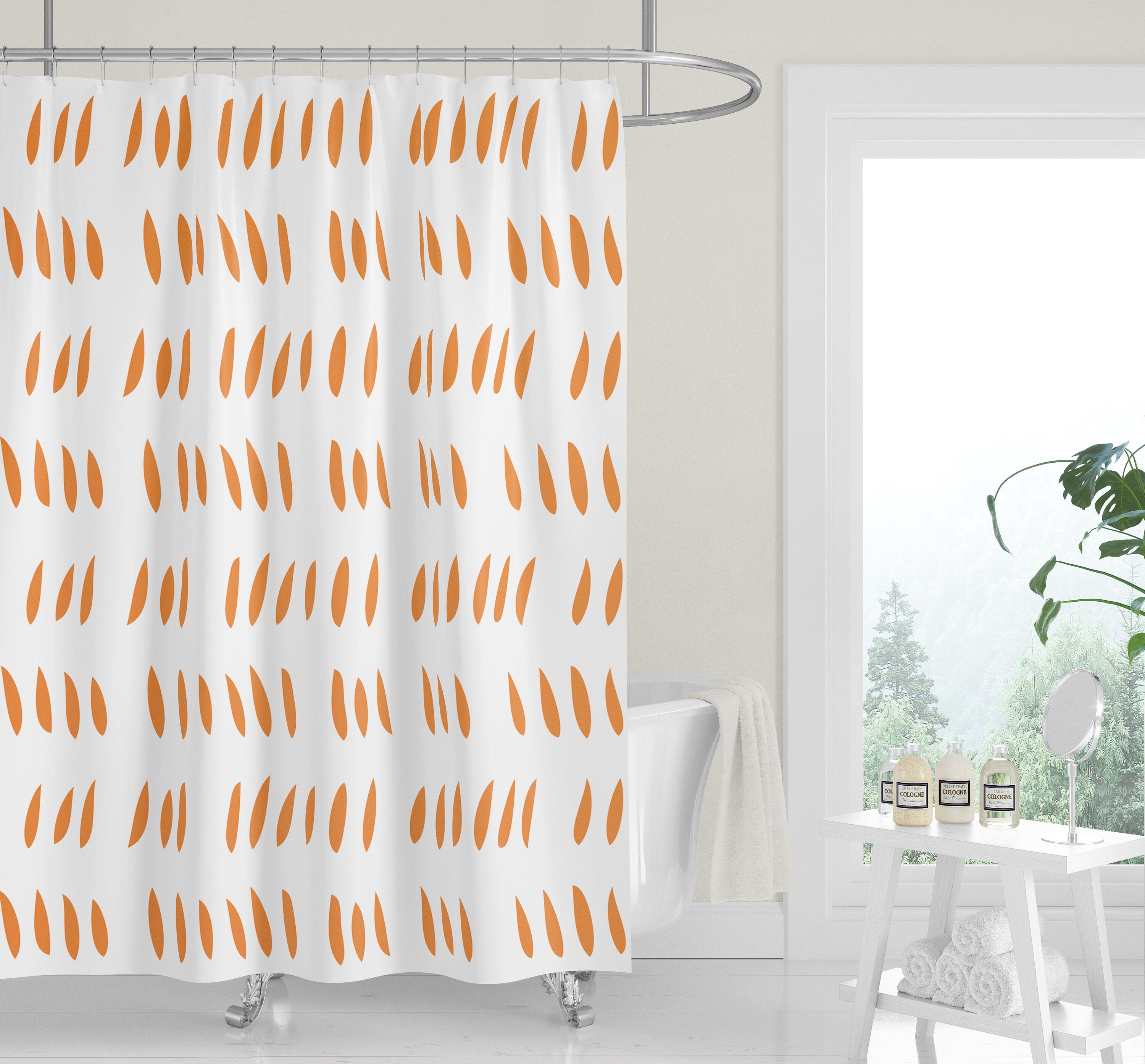 Tangerine Orange and White Shower Curtain with Abstract Raindrop Cutouts for Modern Neutral Decor