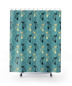 Teal Atomic Cat Shower Curtain | Retro 1960s Bathroom Decor | Guest Bath Accessory | Travel Shower Curtain