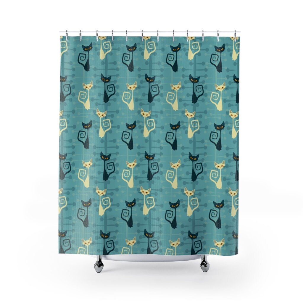 Teal Atomic Cat Shower Curtain | Retro 1960s Bathroom Decor | Guest Bath Accessory | Travel Shower Curtain