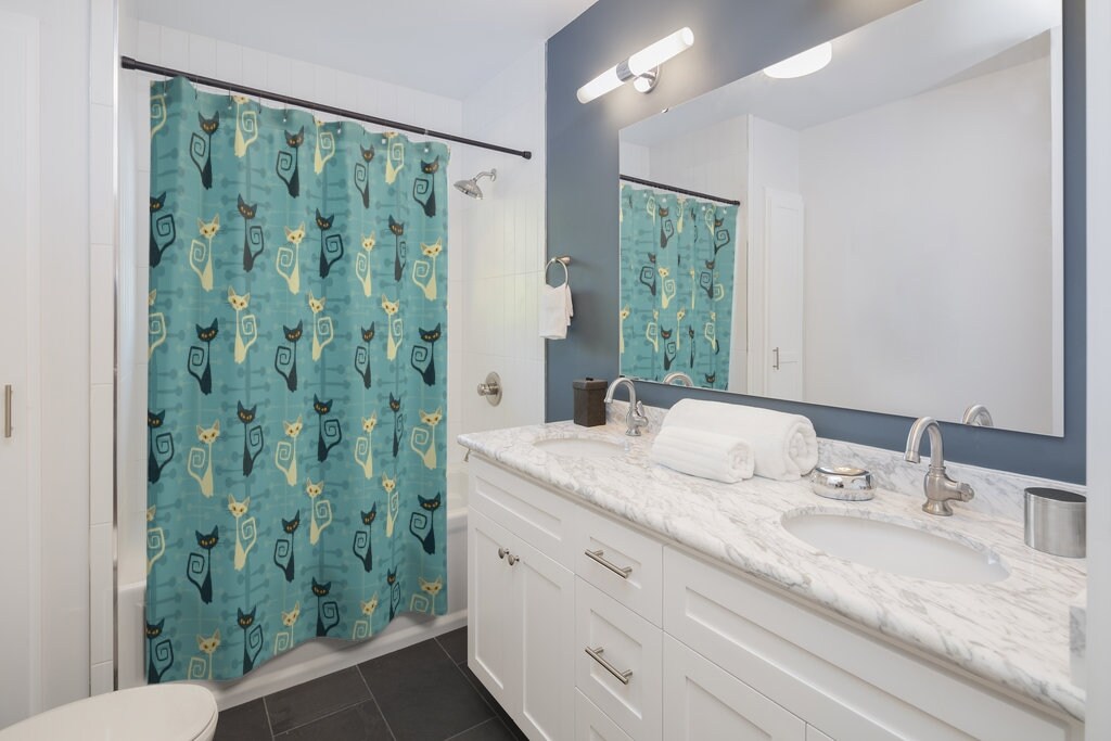 Teal Atomic Cat Shower Curtain | Retro 1960s Bathroom Decor | Guest Bath Accessory | Travel Shower Curtain - Image 2