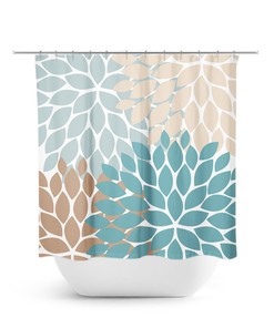 Teal Beige Blue Floral Shower Curtain, Vintage Bath Curtain for Brown Teal Bathroom with Fabric Material