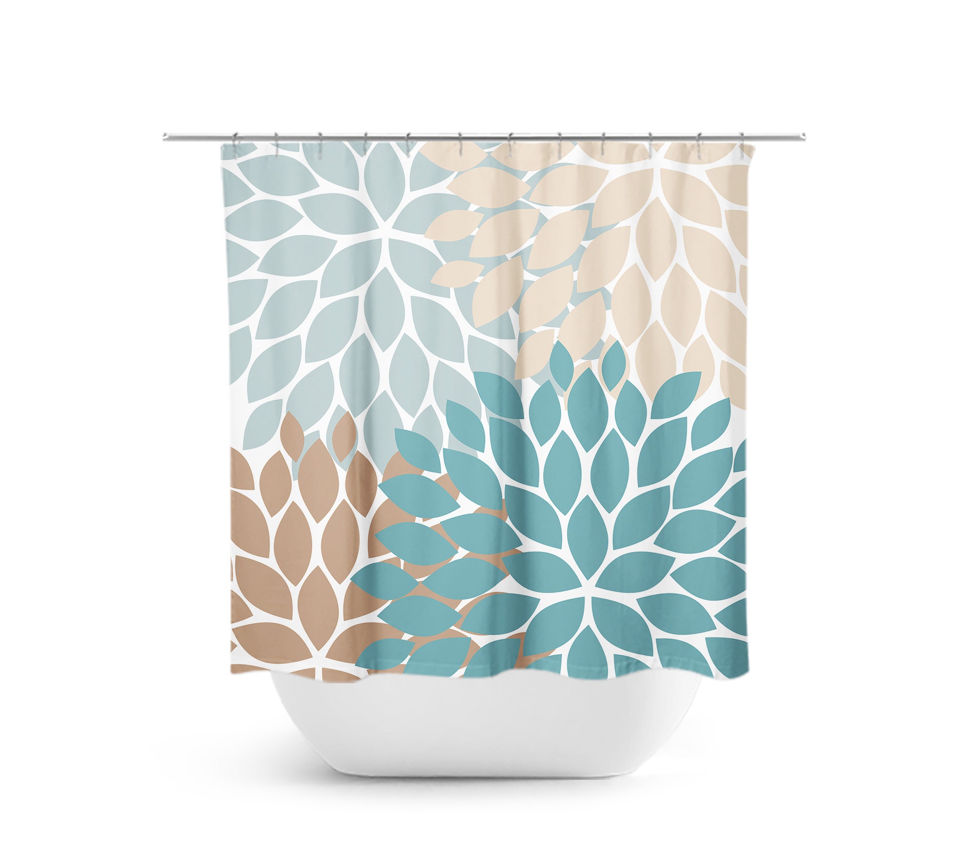 Teal Beige Blue Floral Shower Curtain, Vintage Bath Curtain for Brown Teal Bathroom with Fabric Material
