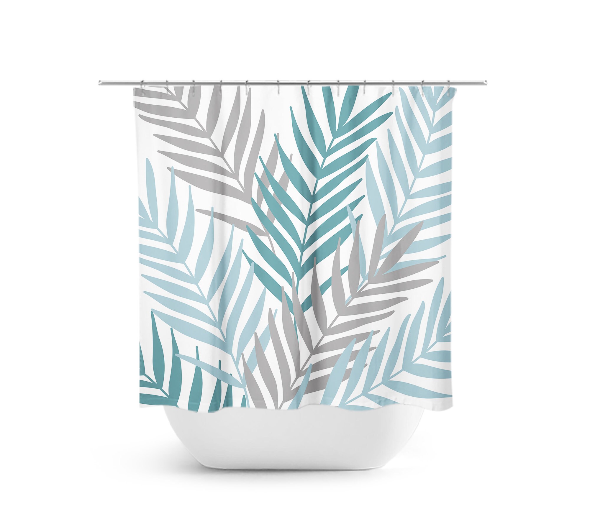 Teal Blue Gray Palm Tree Shower Curtain, Tropical Gray Guest Bathroom Decor , Botanical Bathroom with Palm Tree Leaves