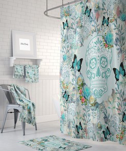 Teal Floral Sugar Skull Shower Curtain - Gothic Bath Curtain with Matching Towels and Mat for Spooky Bathroom Decor
