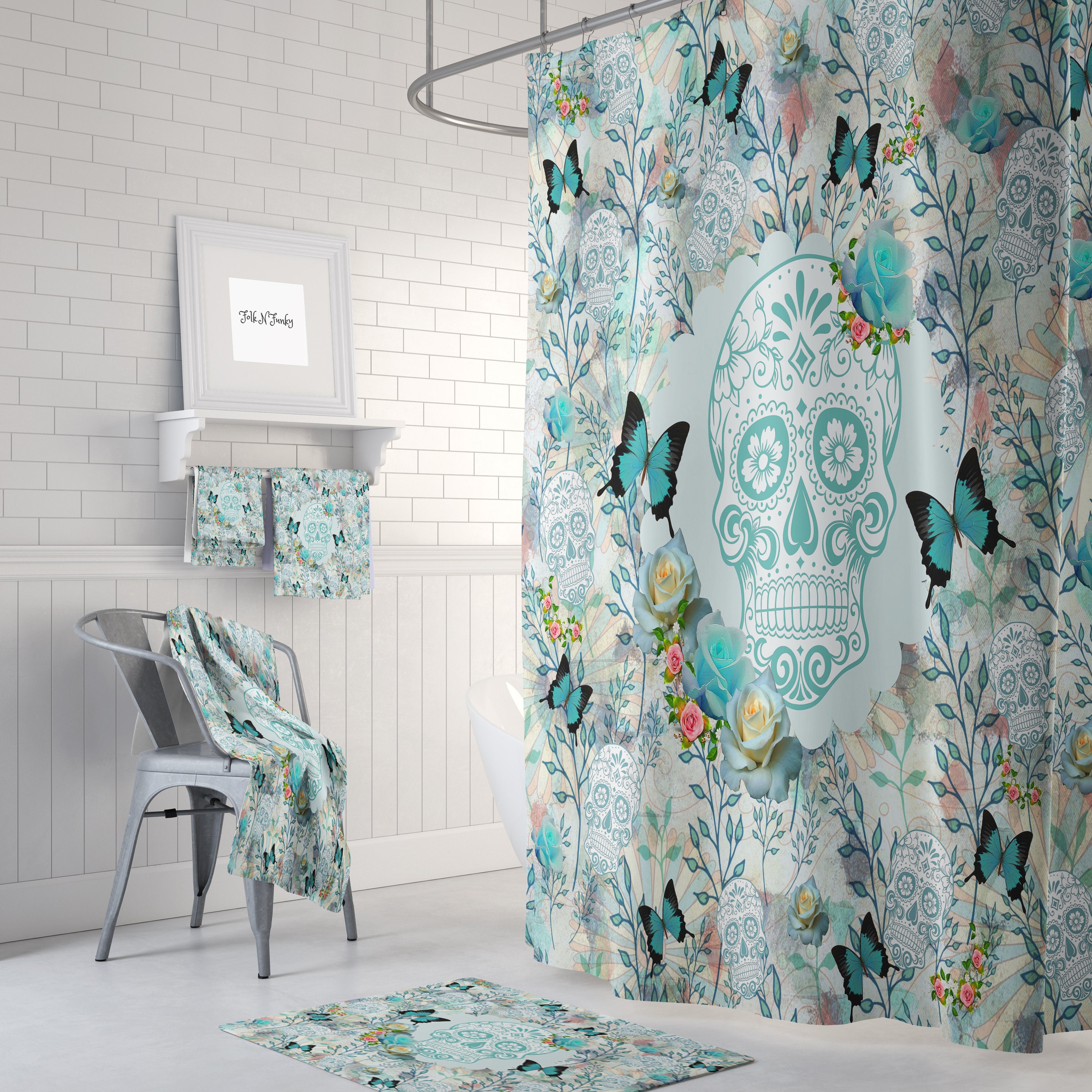 Teal Floral Sugar Skull Shower Curtain - Gothic Bath Curtain with Matching Towels and Mat for Spooky Bathroom Decor