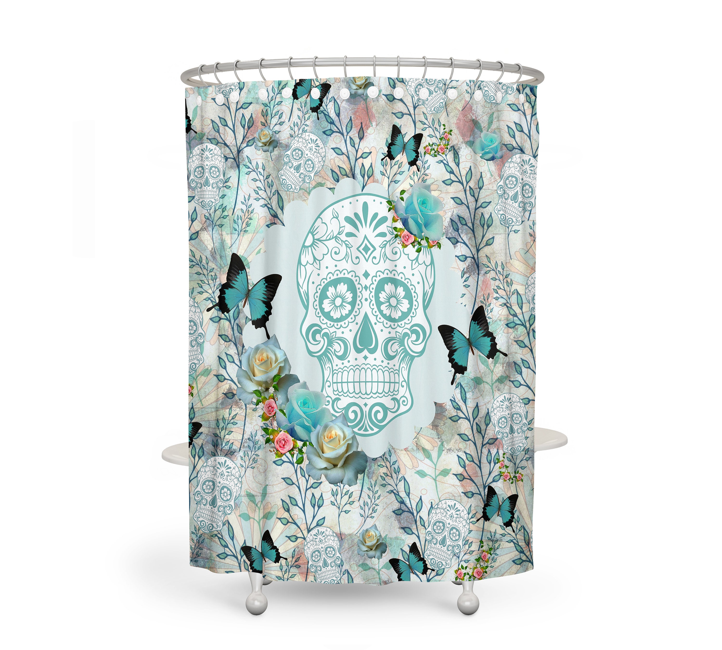 Teal Floral Sugar Skull Shower Curtain - Gothic Bath Curtain with Matching Towels and Mat for Spooky Bathroom Decor - Image 2