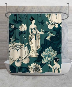 Teal Green Oriental Shower Curtain, Exotic Floral Decor with Women and Lotus Flower Design, Perfect for Asian