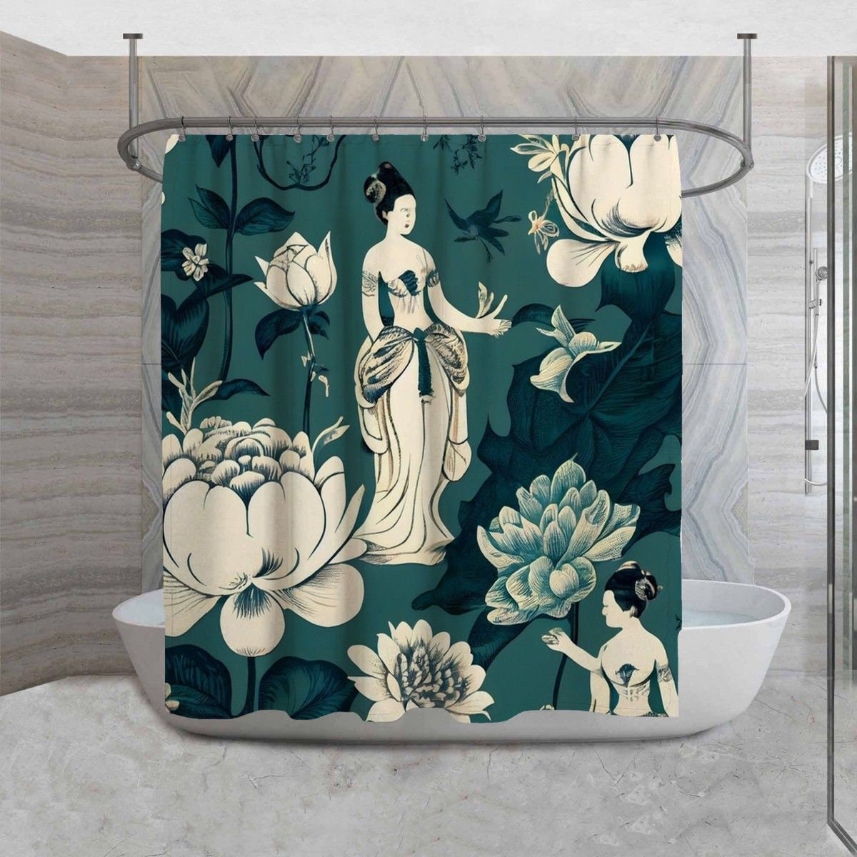 Teal Green Oriental Shower Curtain, Exotic Floral Decor with Women and Lotus Flower Design, Perfect for Asian