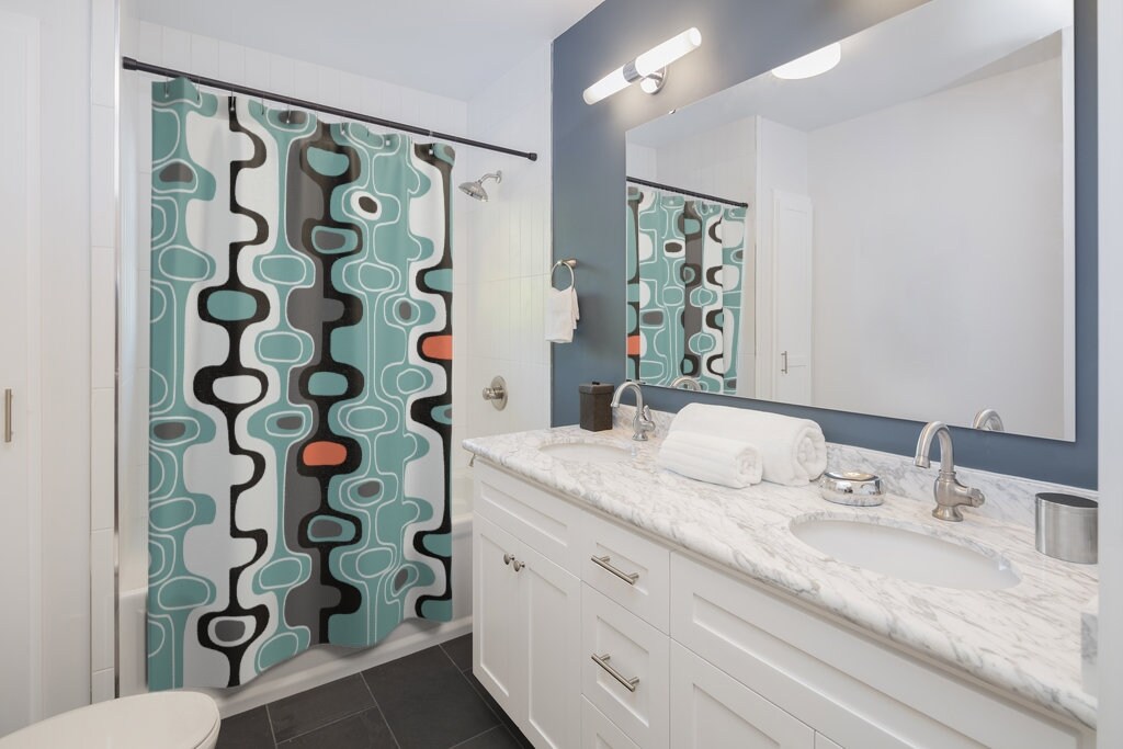 Teal Mid Century Modern Shower Curtain | Retro Bathroom Decor | 1960s Bathroom Decor | Guest Bathroom Decor - Image 2