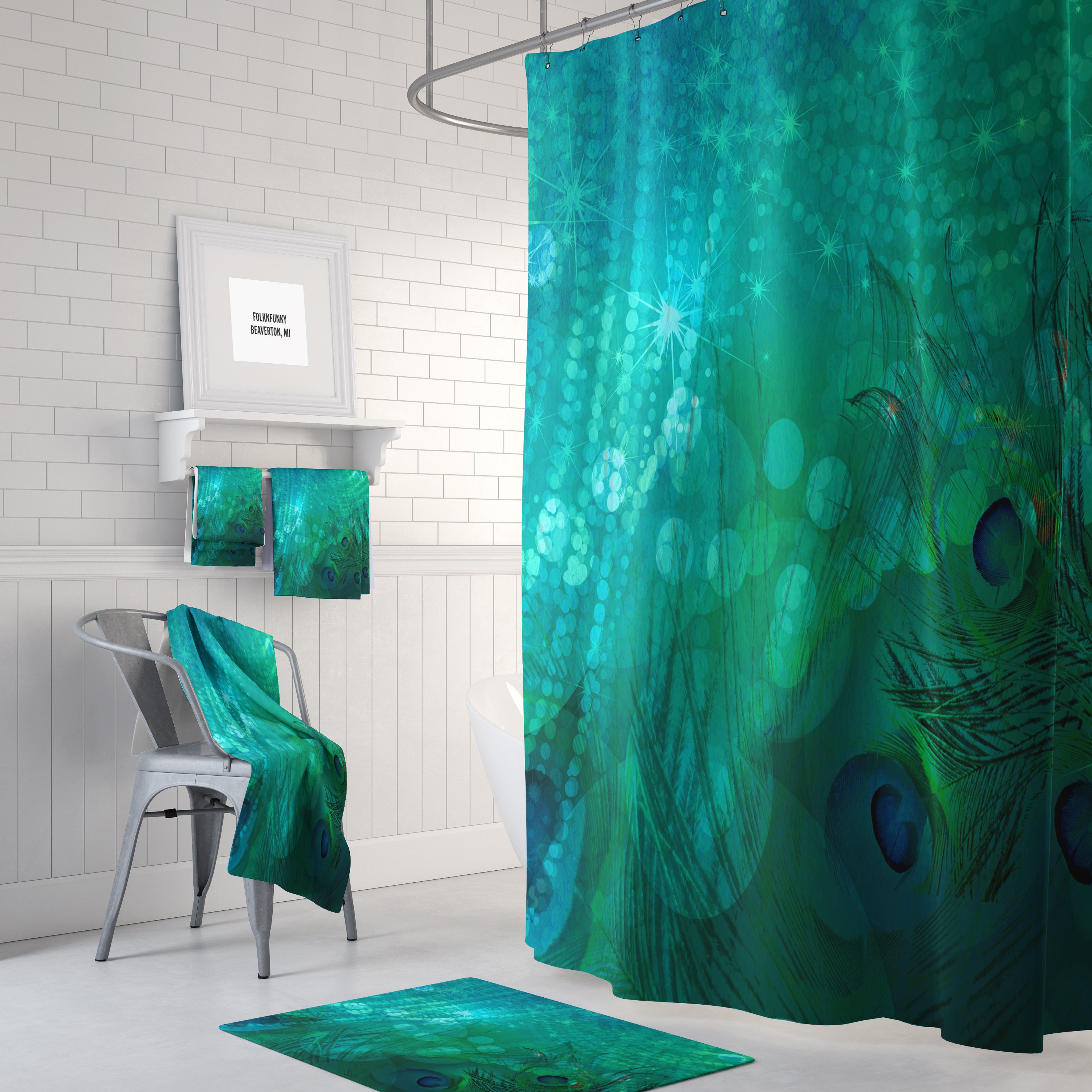 Teal Peacock Shower Curtain Set with Elegant Bath Decor