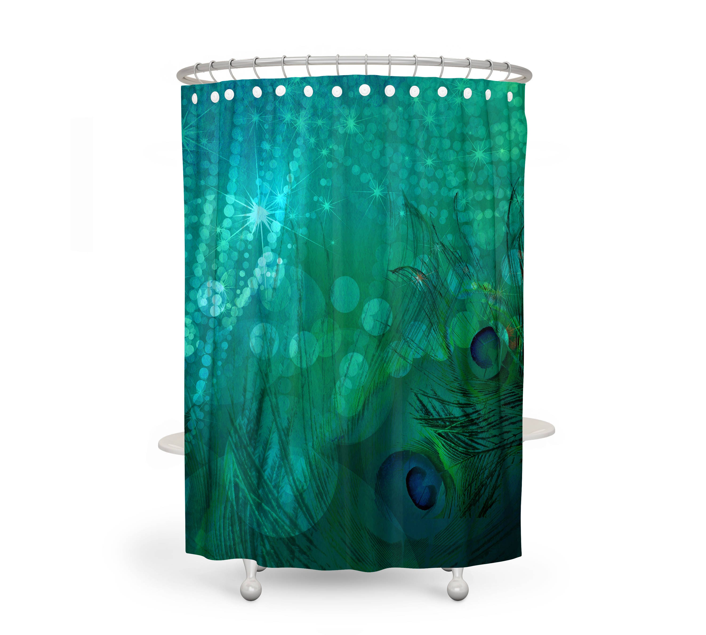 Teal Peacock Shower Curtain Set with Elegant Bath Decor - Image 2