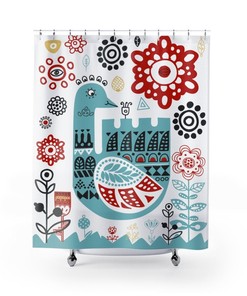 Teal Red Black Scandinavian Folk Art Shower Curtain | Norwegian Danish Swedish Design + Quotes