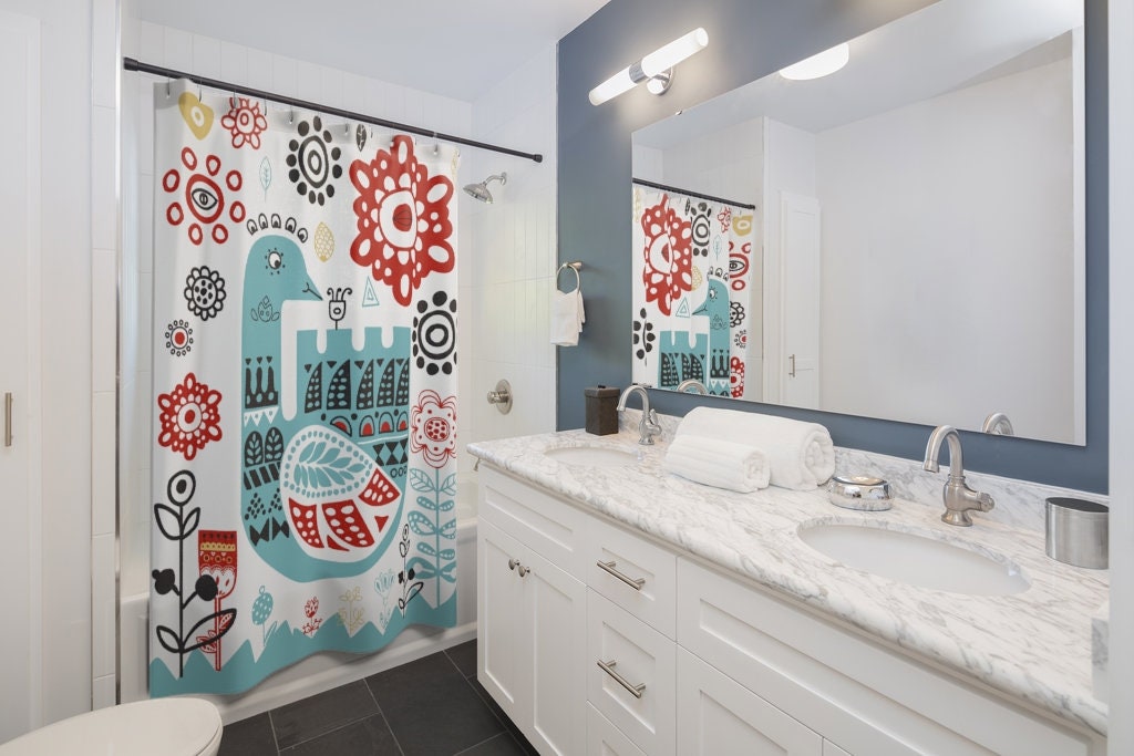 Teal Red Black Scandinavian Folk Art Shower Curtain | Norwegian Danish Swedish Design + Quotes - Image 2