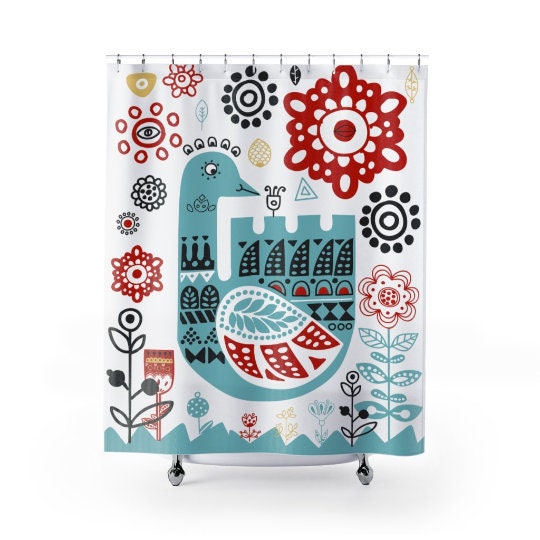 Teal Red Black Scandinavian Folk Art Shower Curtain | Norwegian Danish Swedish Design + Quotes - Image 3