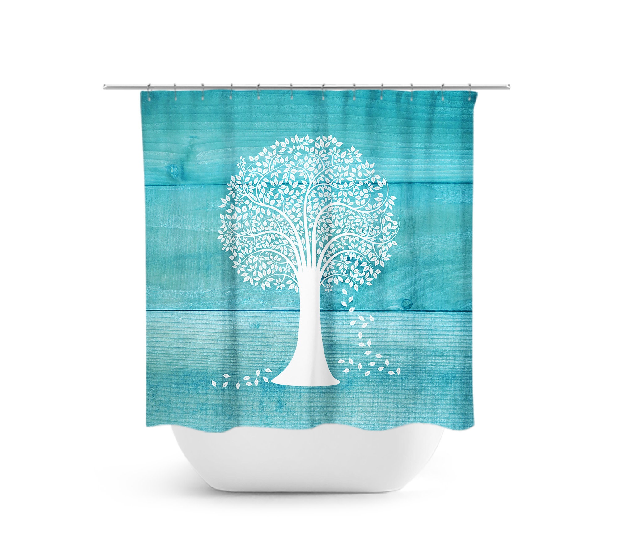 Teal Tree Shower Curtain, Country Bathroom Decor, Aqua and White Bath Curtain, Farmhouse Bathroom