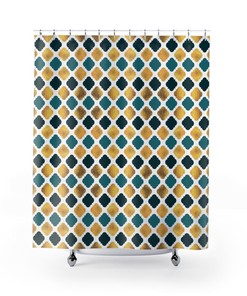 Teal and Gold Art Deco Diamond Shape Shower Curtain | Bathtub Curtain | Bathroom Decor + Quotes