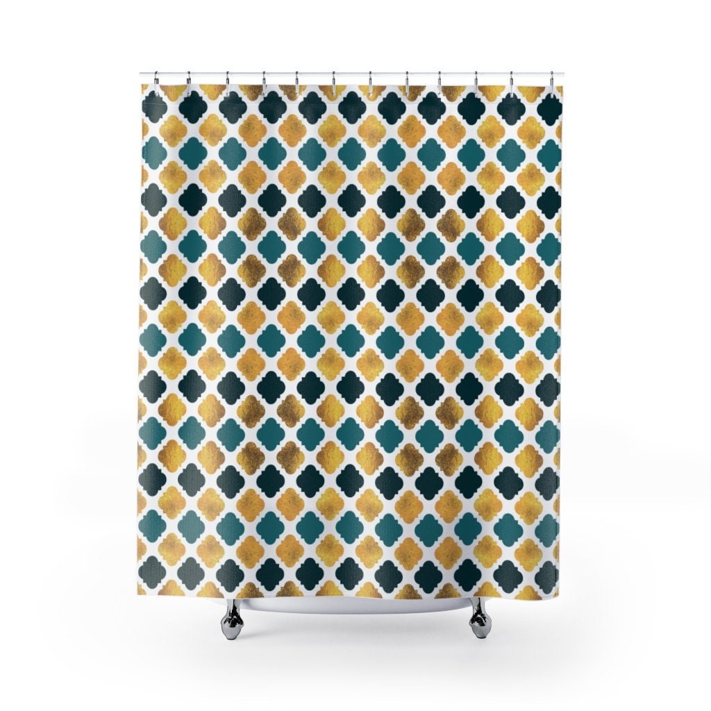 Teal and Gold Art Deco Diamond Shape Shower Curtain | Bathtub Curtain | Bathroom Decor + Quotes