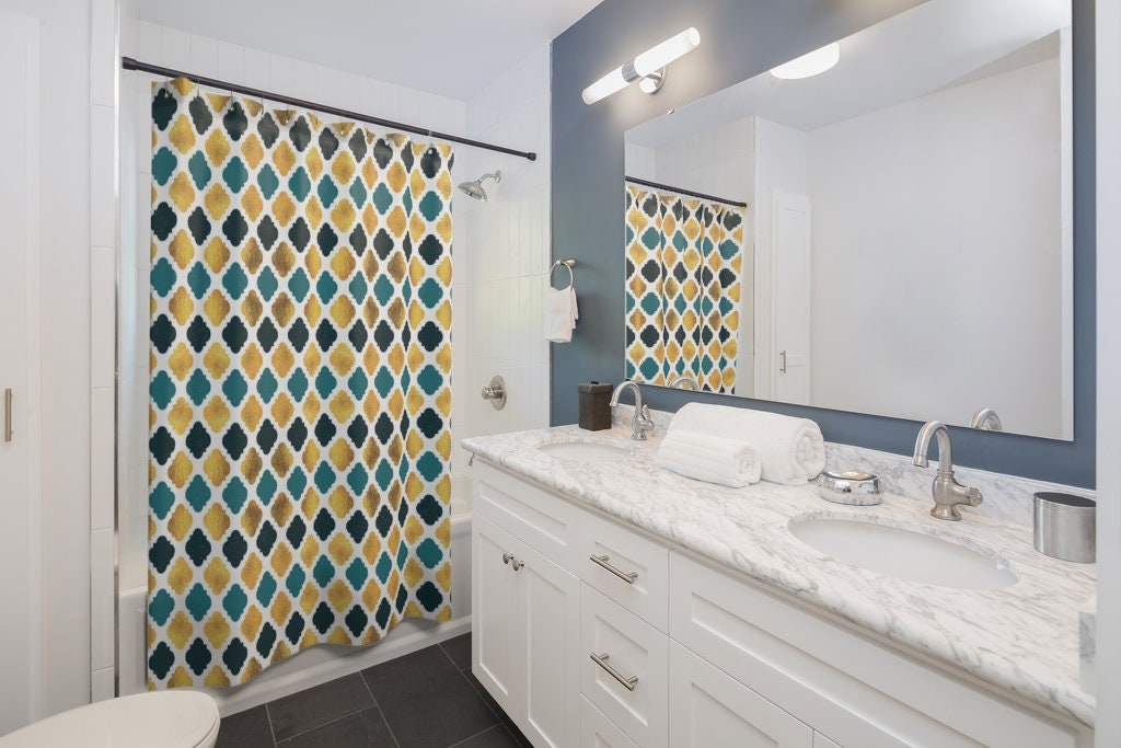 Teal and Gold Art Deco Diamond Shape Shower Curtain | Bathtub Curtain | Bathroom Decor + Quotes - Image 2