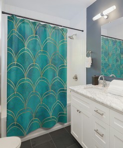 Teal and Gold Mermaid Scales Shower Curtain, Ocean Theme Shower Curtain, Modern Coastal Bathroom Teal Shower Curtain