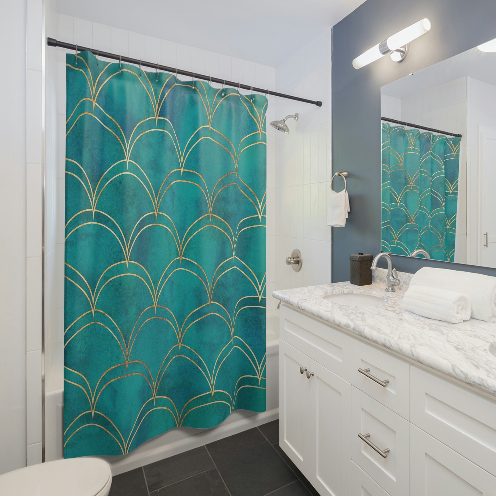 Teal and Gold Mermaid Scales Shower Curtain, Ocean Theme Shower Curtain, Modern Coastal Bathroom Teal Shower Curtain