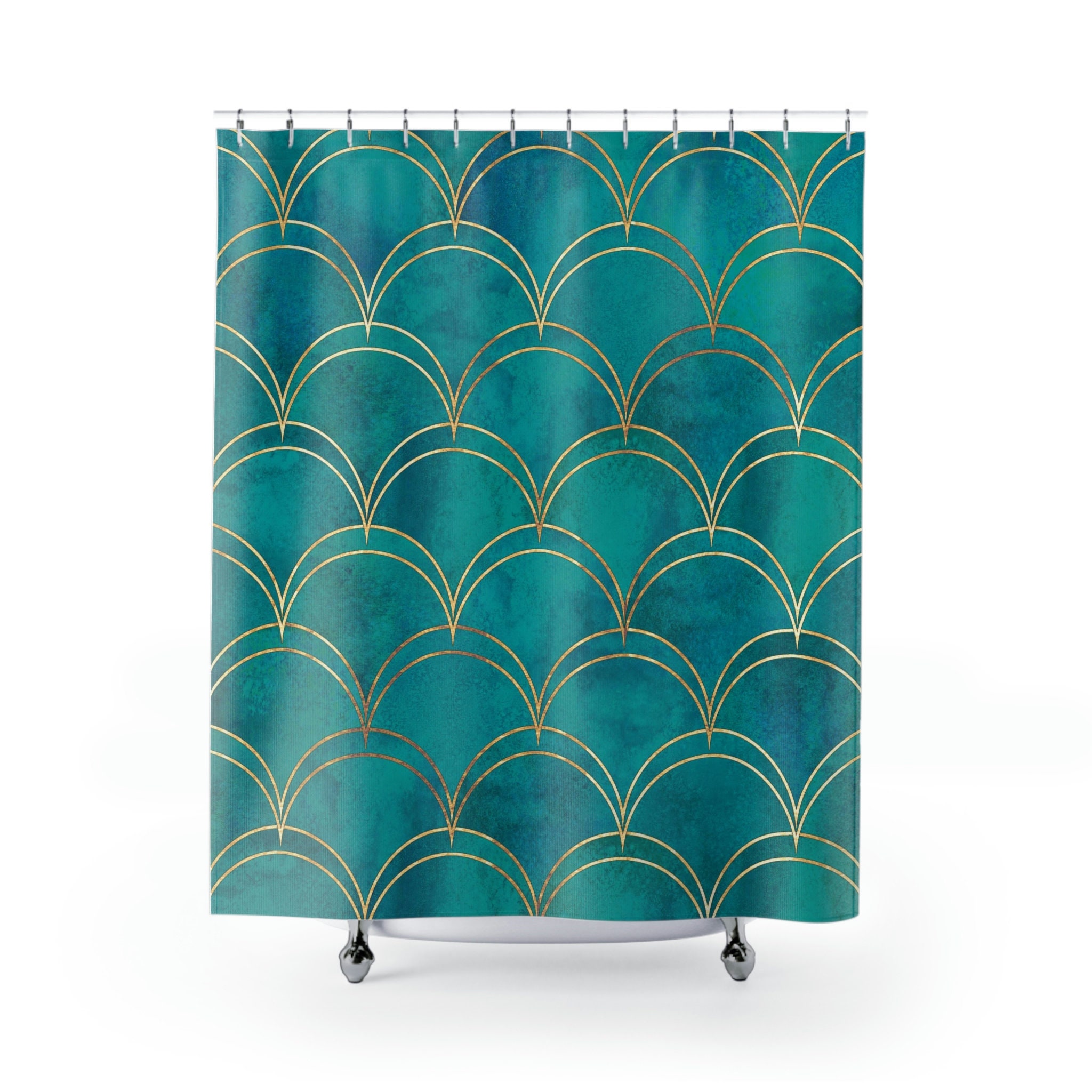 Teal and Gold Mermaid Scales Shower Curtain, Ocean Theme Shower Curtain, Modern Coastal Bathroom Teal Shower Curtain - Image 2
