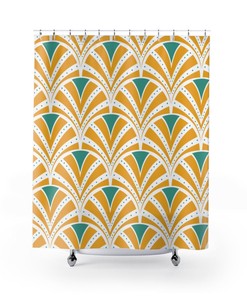 Teal and Yellow Mid Century Art Deco Shower Curtain | MCM Home Decor + Quotes