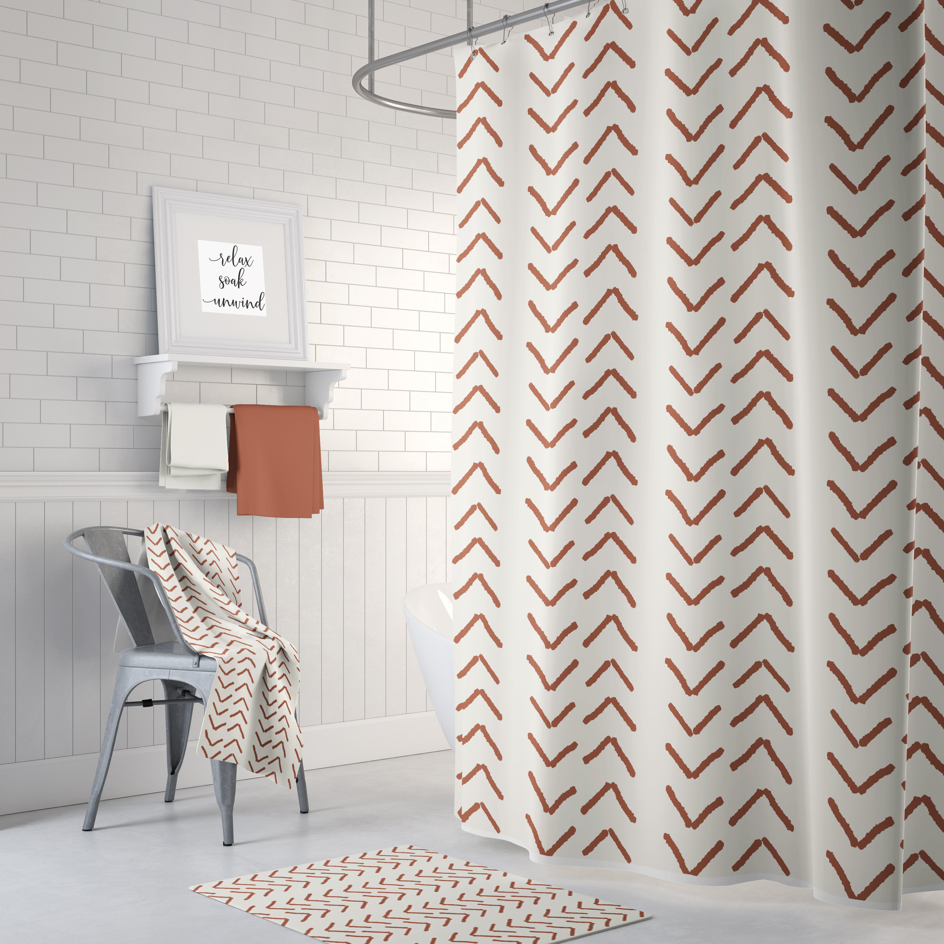 Terracotta Mudcloth Shower Curtain, Bohemian Bathroom Decor, Warm Bath Style
