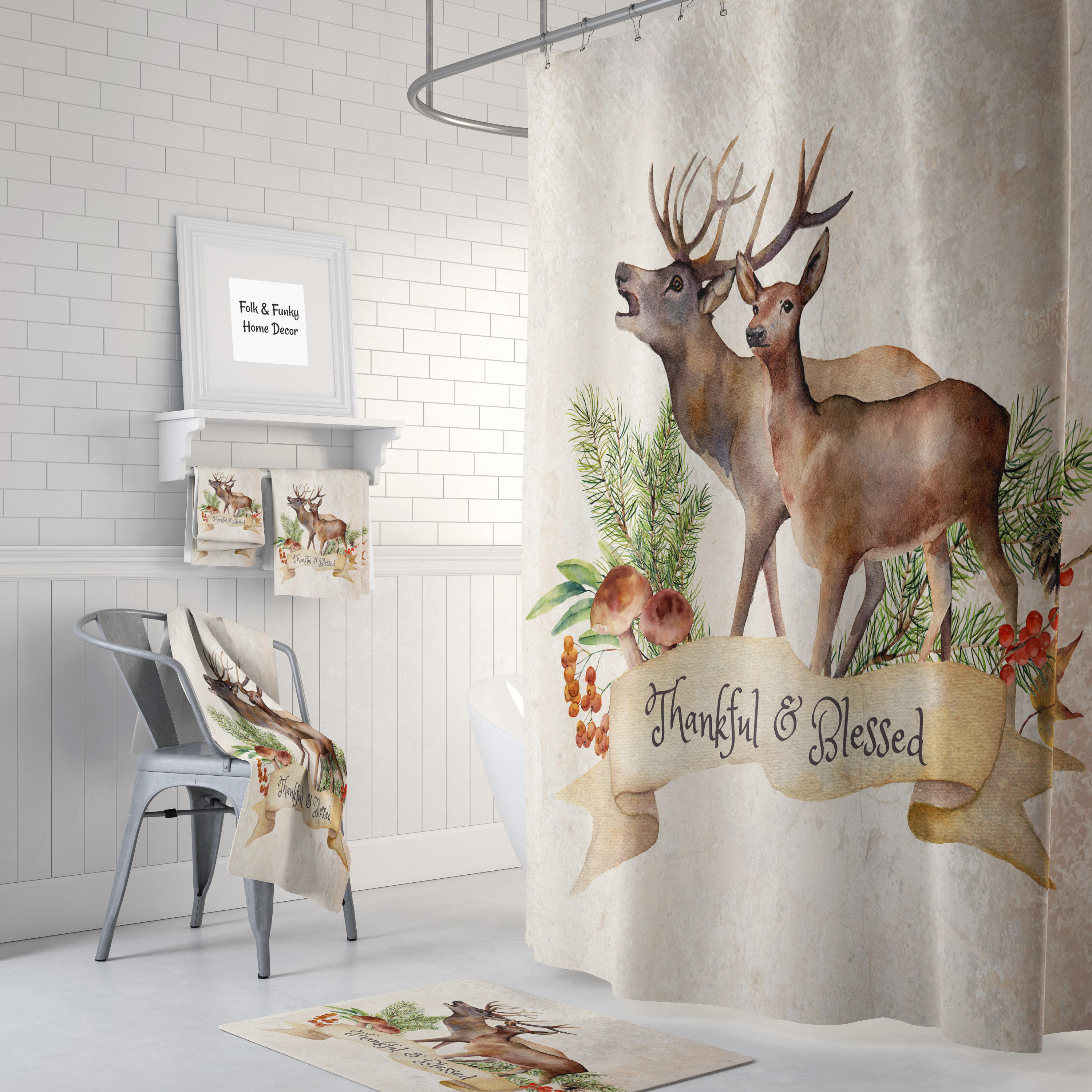 Thankful and Blessed Woodland Deer Shower Curtain Set with Optional Bath Mat