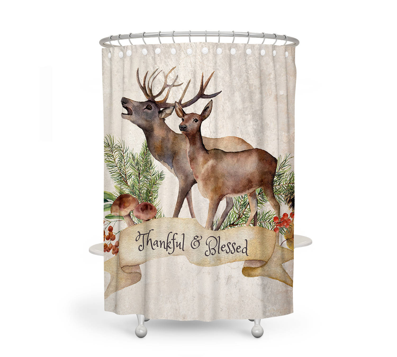 Thankful and Blessed Woodland Deer Shower Curtain Set with Optional Bath Mat - Image 2