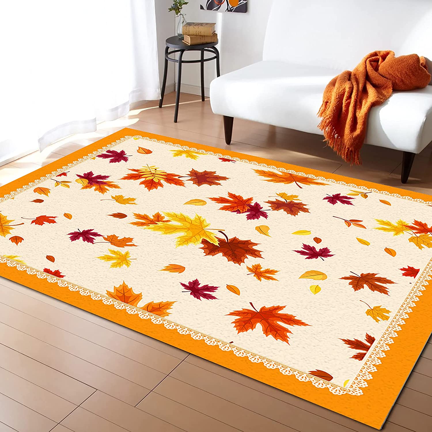 Thanksgiving Retro Decorative Autumn Orange Yellow Maple Leaves Area Rug with 1970s Style for Home Decor - Image 2