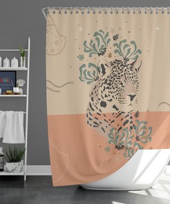 Tiger Forest Shower Curtain | Botanical Wildlife Animal Floral | Green Leaves | Linen Bathroom Curtain