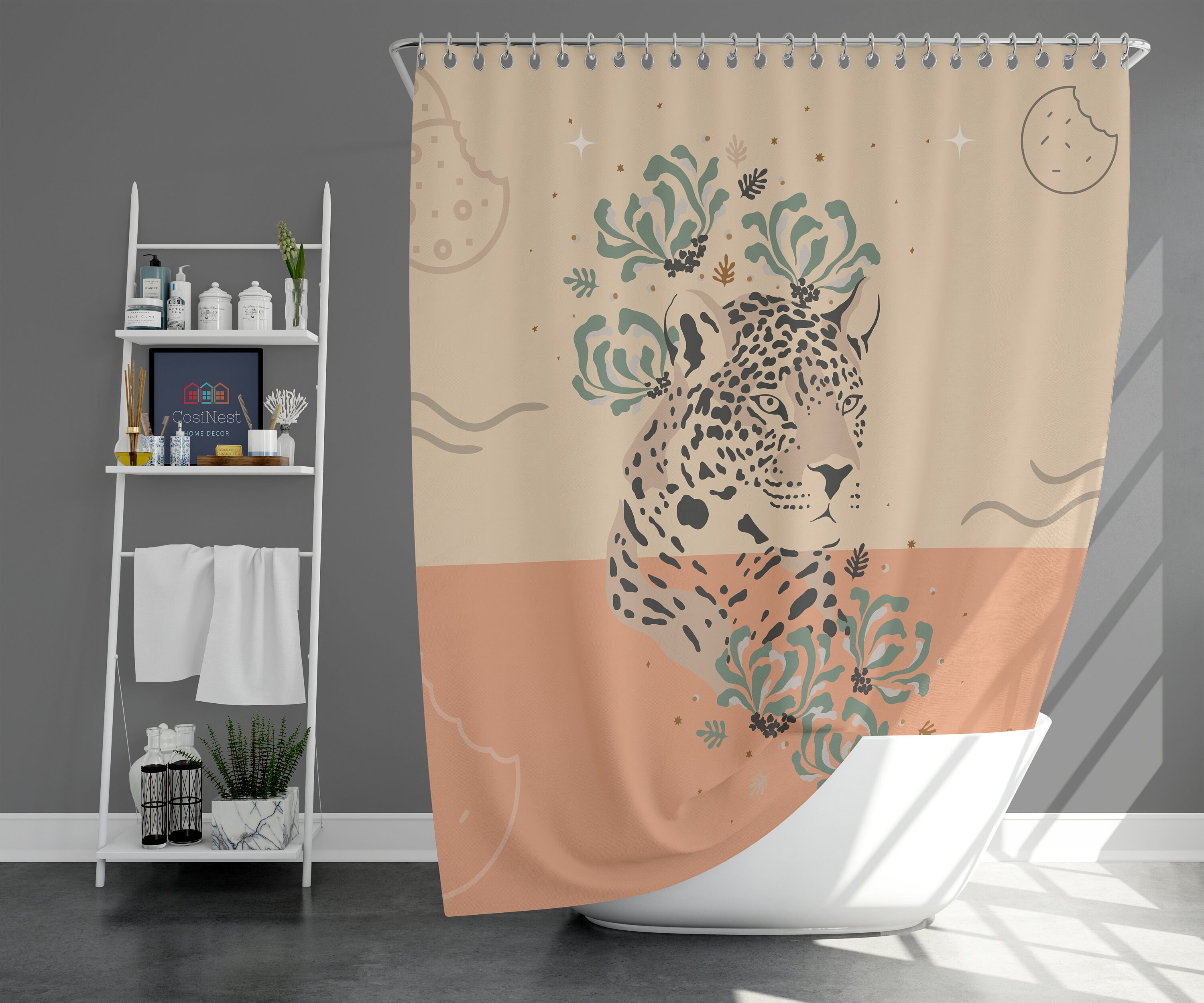 Tiger Forest Shower Curtain | Botanical Wildlife Animal Floral | Green Leaves | Linen Bathroom Curtain