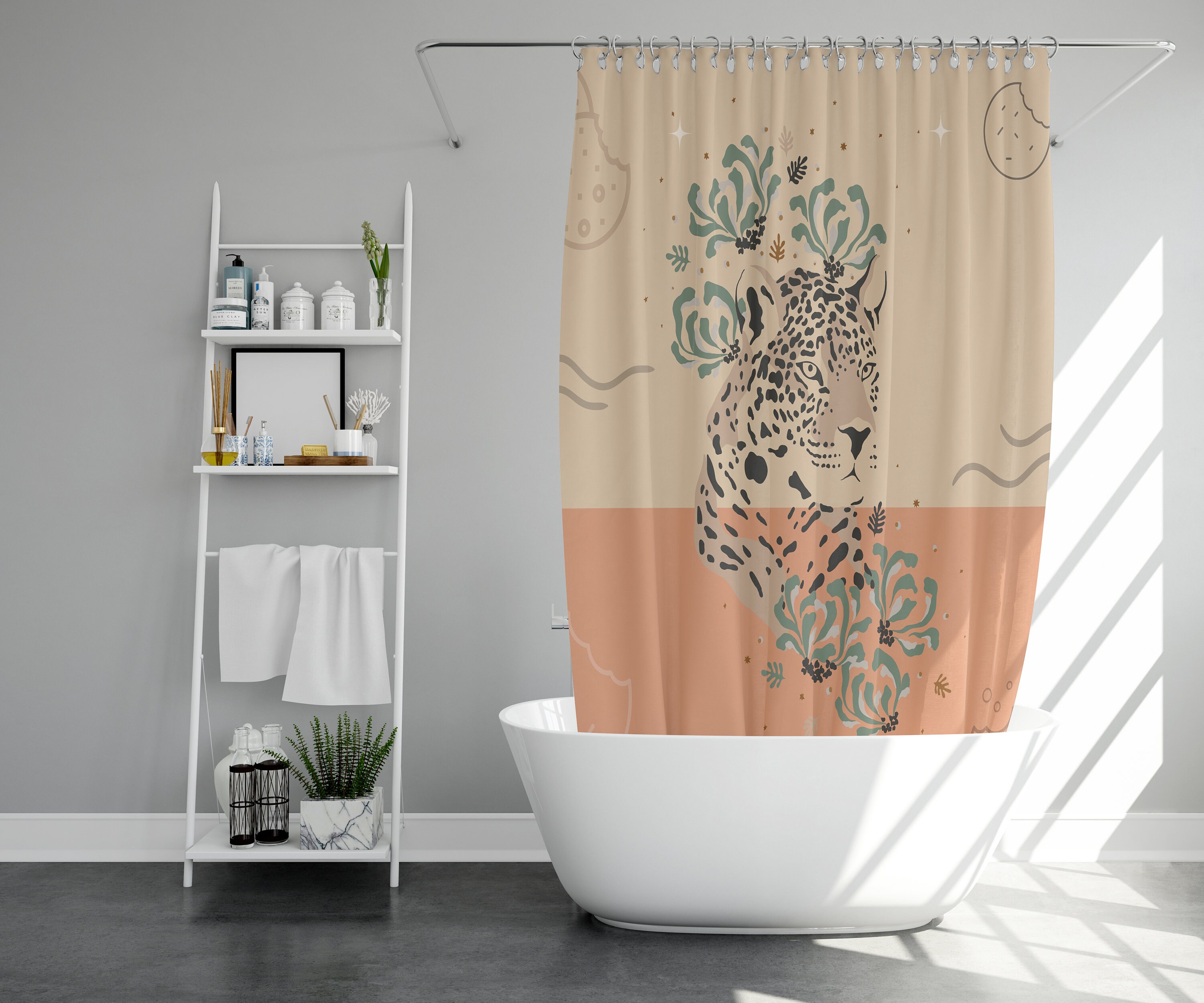 Tiger Forest Shower Curtain | Botanical Wildlife Animal Floral | Green Leaves | Linen Bathroom Curtain - Image 2