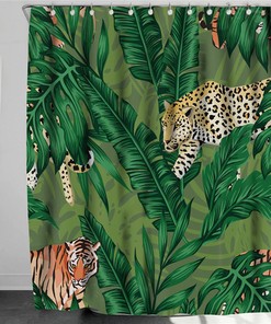 Tiger in the forest Shower Curtain | Botanical wildlife animal banana palm leaves jungle | Fabric Bathroom Curtain