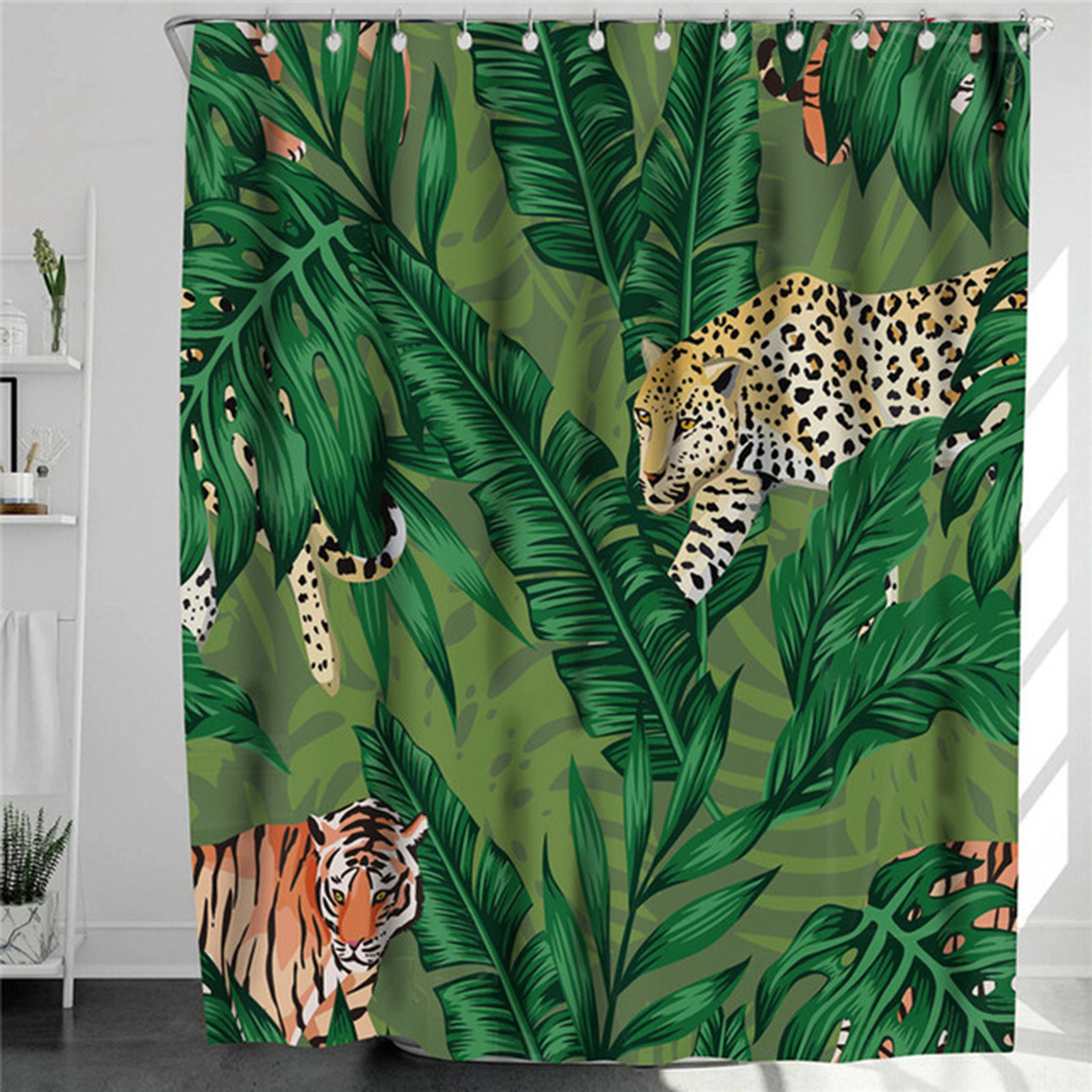Tiger in the forest Shower Curtain | Botanical wildlife animal banana palm leaves jungle | Fabric Bathroom Curtain