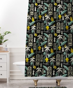Tiki Hawaiian Shower Curtain, Retro Mid Century Modern Bathroom Decor, Black Bath Curtain