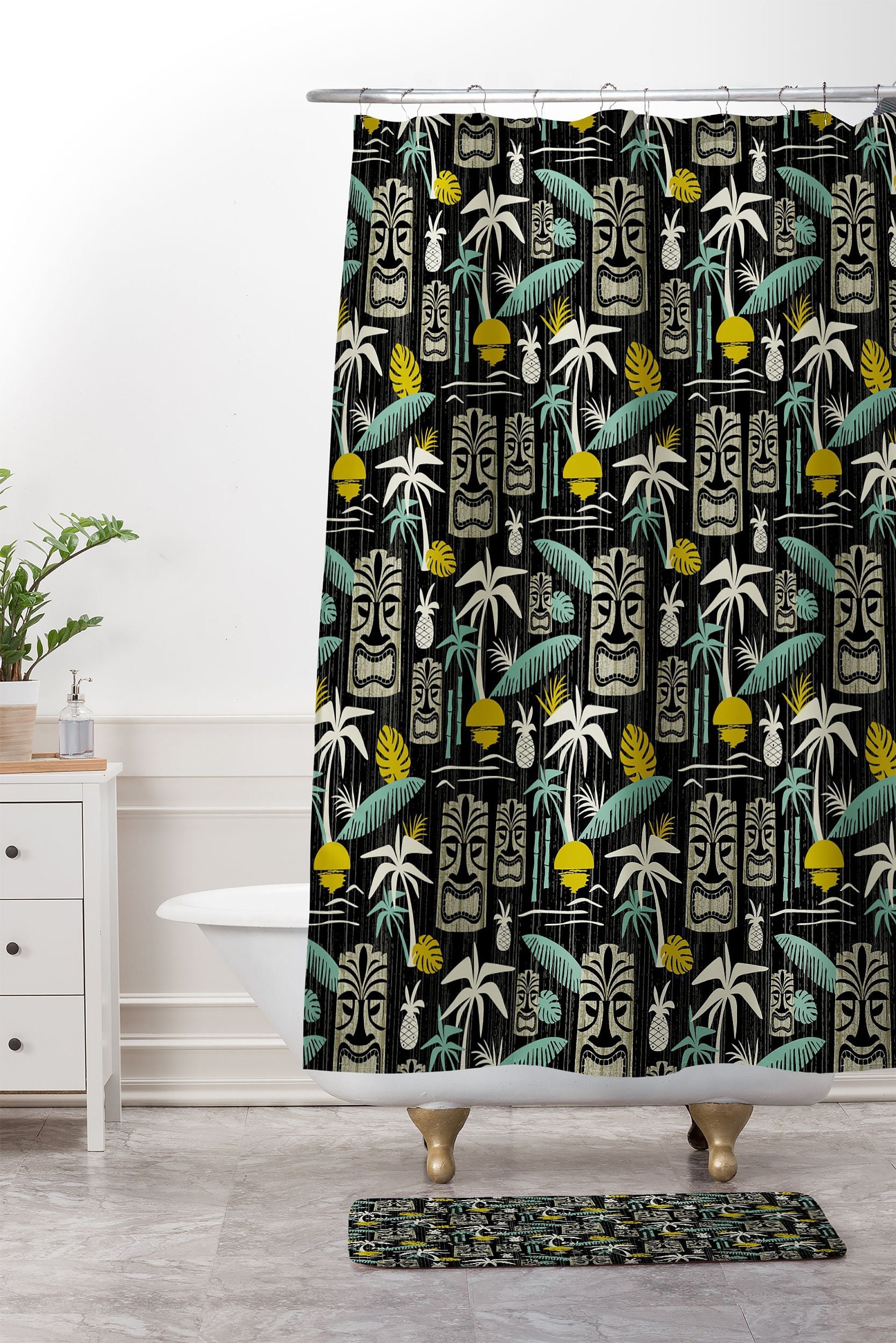 Tiki Hawaiian Shower Curtain, Retro Mid Century Modern Bathroom Decor, Black Bath Curtain