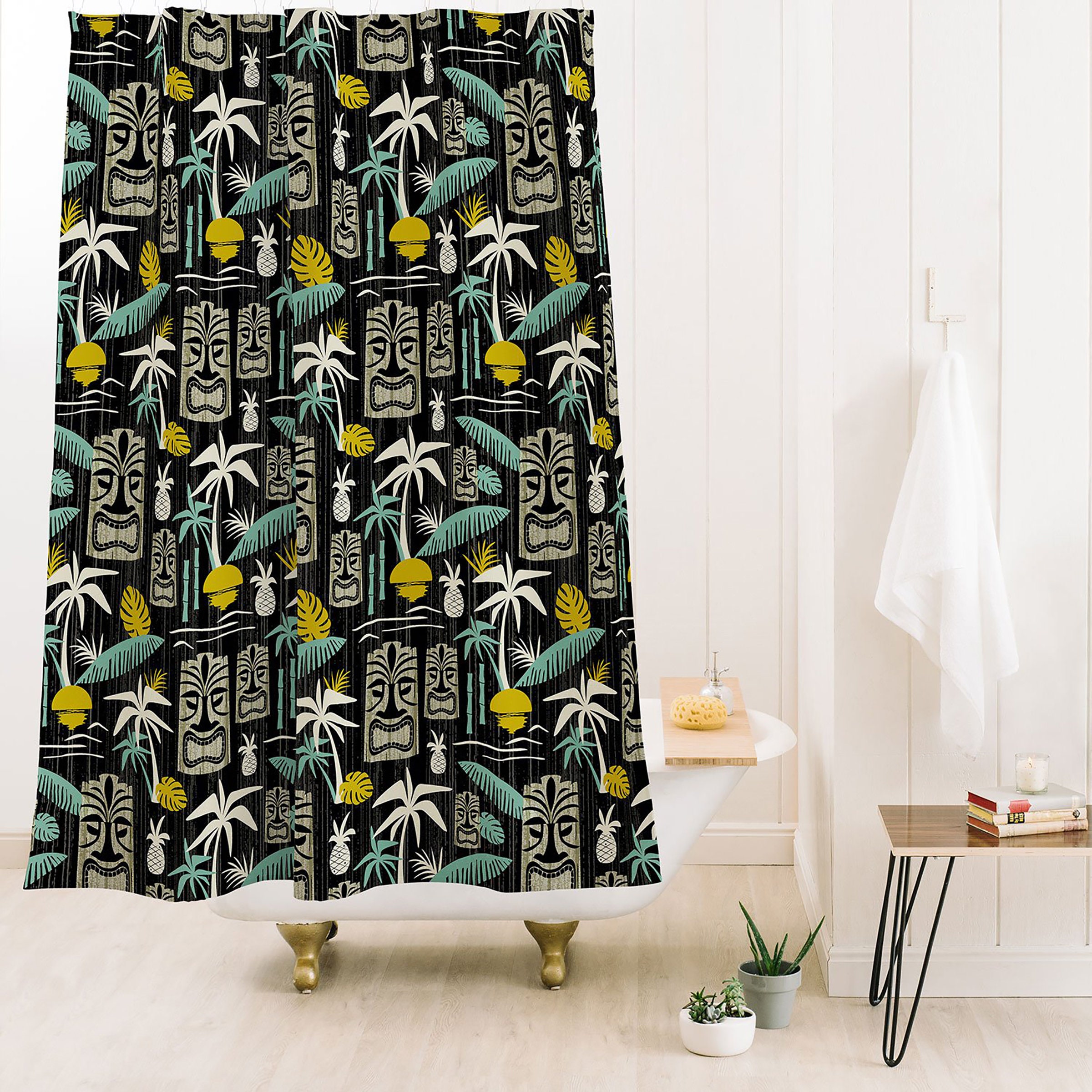 Tiki Hawaiian Shower Curtain, Retro Mid Century Modern Bathroom Decor, Black Bath Curtain - Image 2