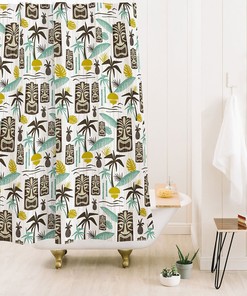 Tiki Hawaiian Shower Curtain, Retro Mid Century Modern Bathroom Decor, Forest Theme