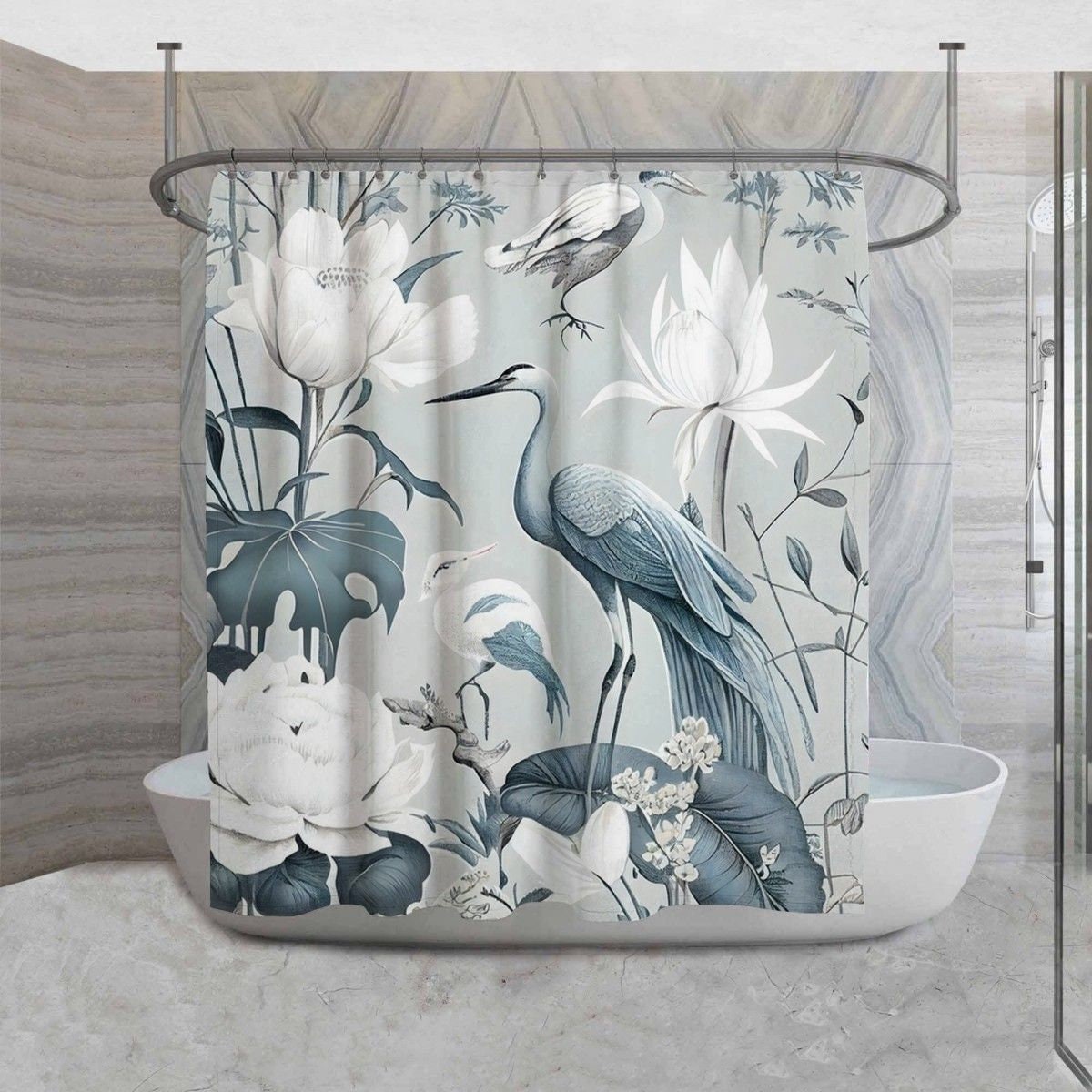 Toile Pattern Shower Curtain with Lotus Flowers and Birds Bathroom Decor