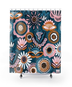 Traditional Folk Art Shower Curtain | Retro Flower Power Gift | Floral 1960s Bathroom Decor | MCM Bathroom