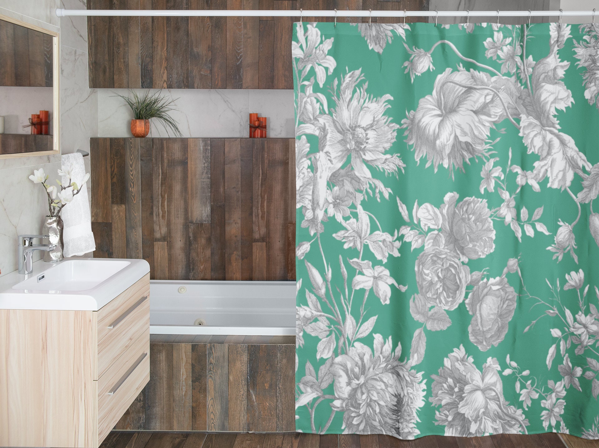 Traditional Toile Shower Curtain, Elegant Vintage-inspired Bathroom Decor, Classic Tub Curtain - Image 4