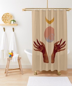 Trendy Boho Shower Curtain with Mid-Century Abstract Patterns and Cacti - Eco-Friendly