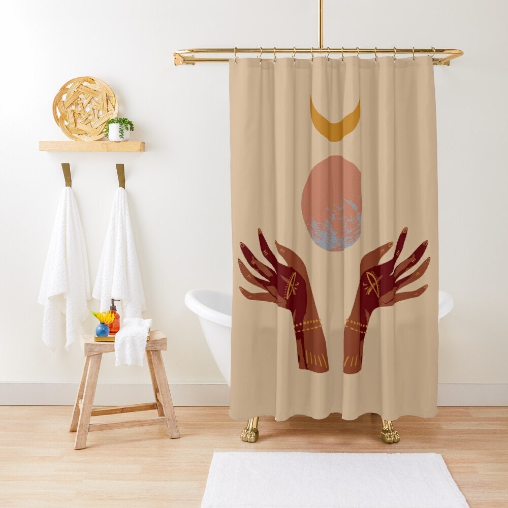 Trendy Boho Shower Curtain with Mid-Century Abstract Patterns and Cacti - Eco-Friendly