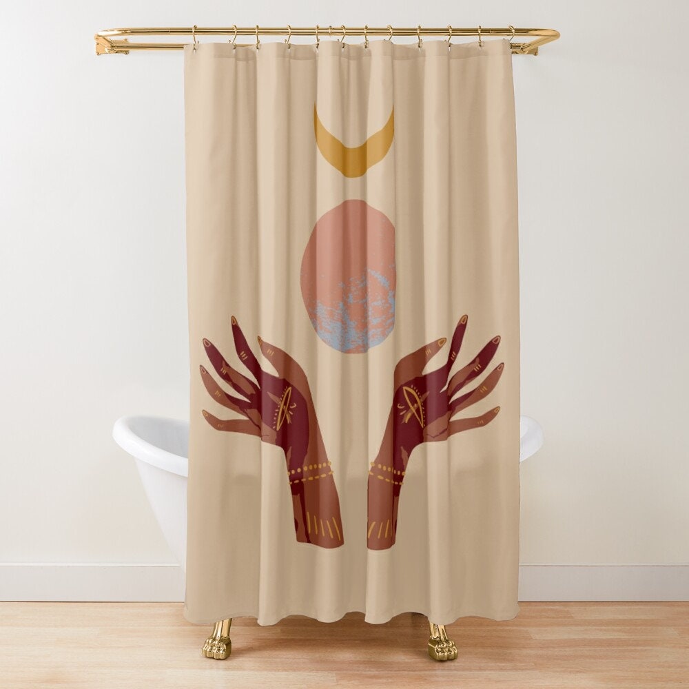 Trendy Boho Shower Curtain with Mid-Century Abstract Patterns and Cacti - Eco-Friendly - Image 2