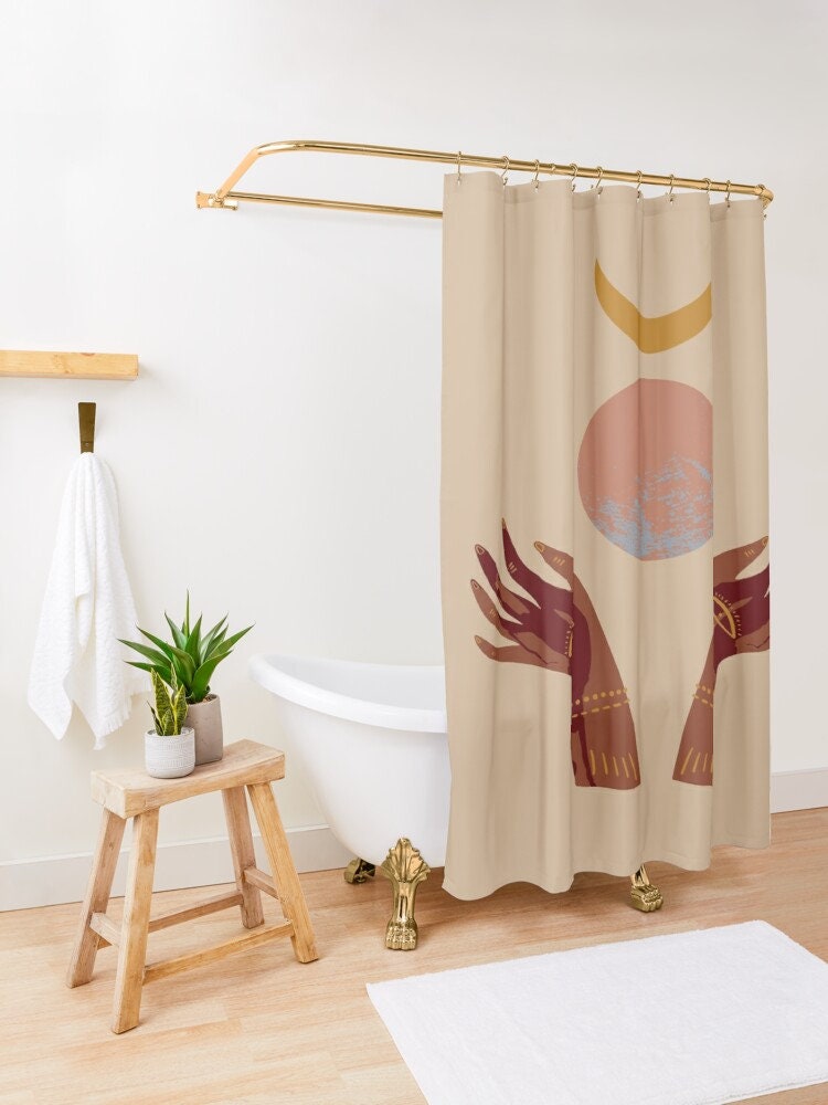 Trendy Boho Shower Curtain with Mid-Century Abstract Patterns and Cacti - Eco-Friendly - Image 3