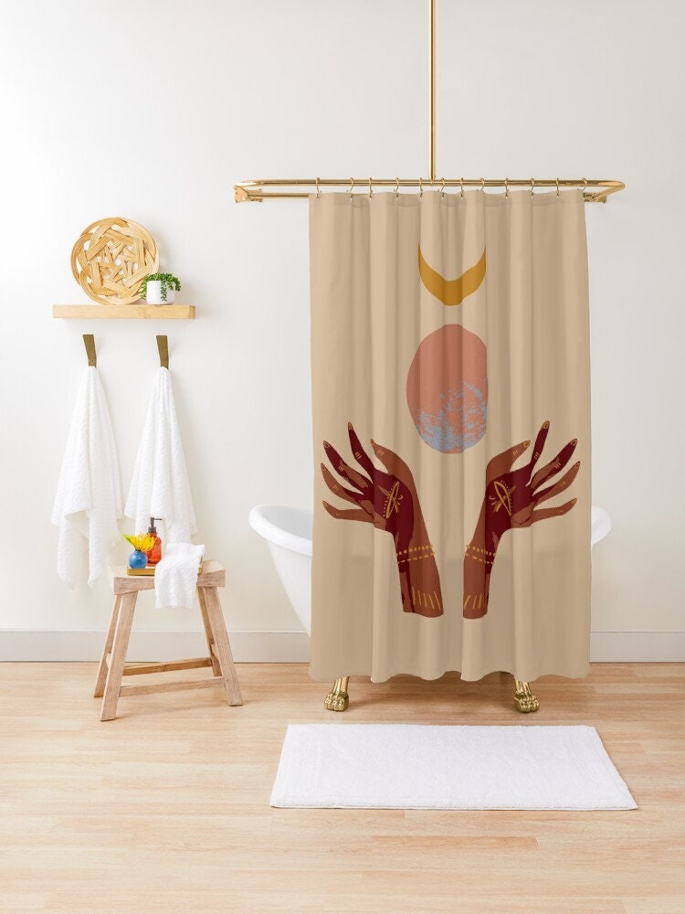 Trendy Boho Shower Curtain with Mid-Century Abstract Patterns and Cacti - Eco-Friendly - Image 4